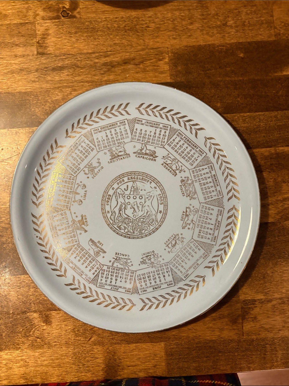 Decorative Light Blue and Gold Zodiac Calendar Plate - 1953 Unbranded
